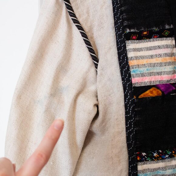 Linen Blend S VTG Lagenlook Lynn Murray Patchwork Pattern Art Boho Blazer FLAW - Picture 8 of 15